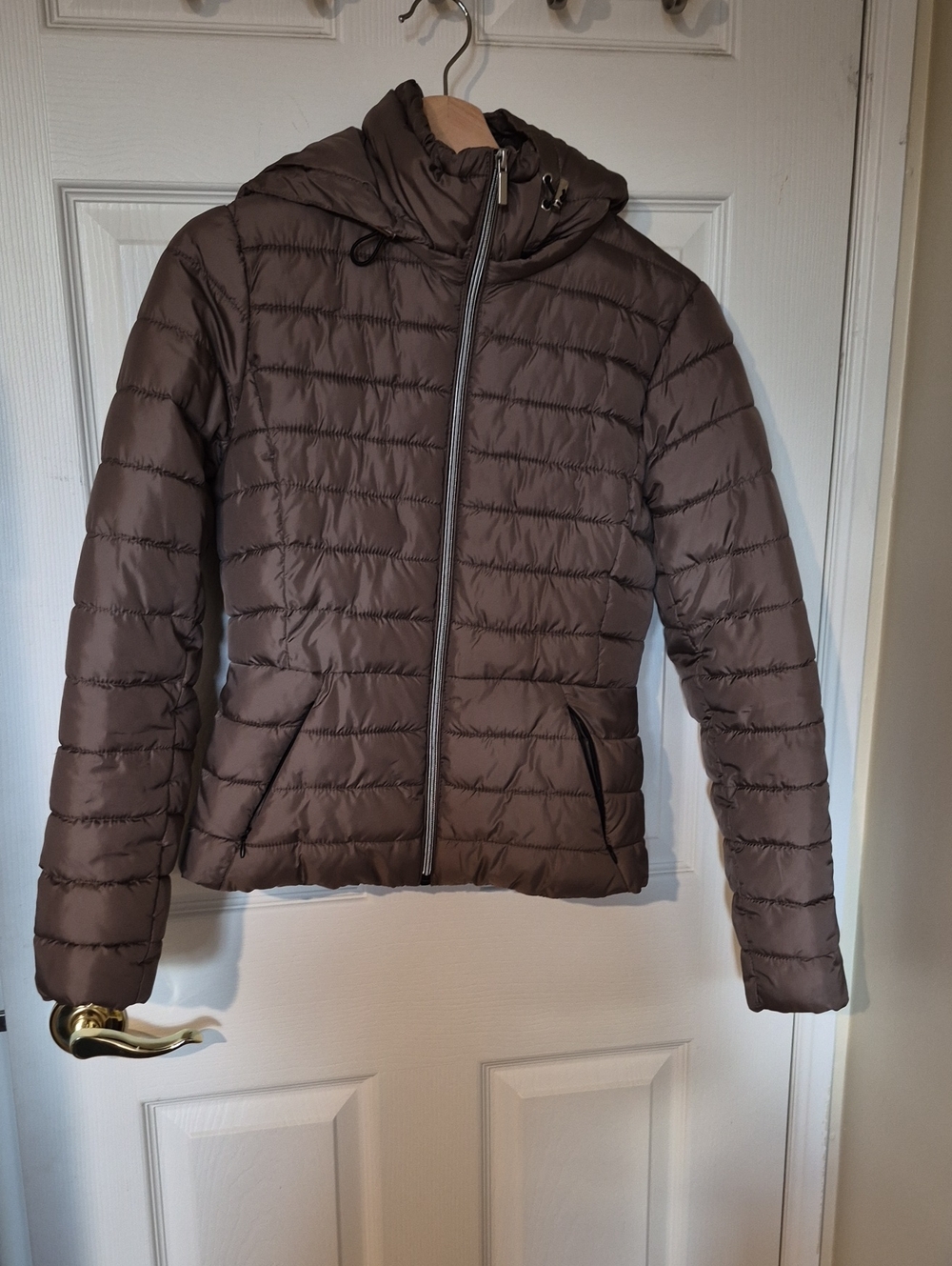 ZARA Women’s Lightweight Hooded Puffer Jacket Taupe Brown Size Small